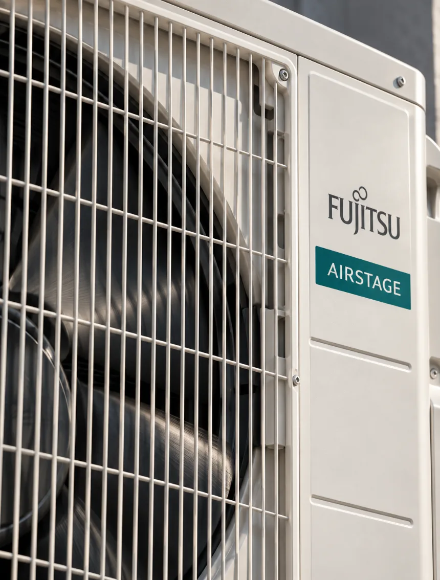 Grila dhe ventilatori i një njësie të jashtme Fujitsu Airstage, nga afër